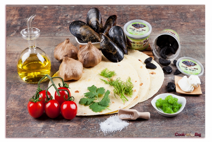 Ingredients of Seafood Taquitos with Black Garlic