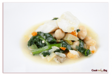 Waking Stew with Chickpeas, Spinach, Cod and White Garlic.