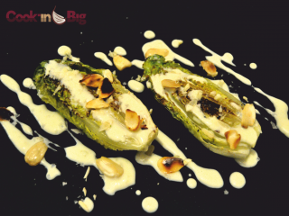 Recipe Grilled Tudela Lettuce Hearts with Light White Garlic Sauce and Toasted Almonds