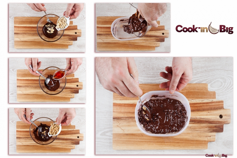 Crunchy Cocoa Bars with Almonds, Puffed Rice and Black Garlic.