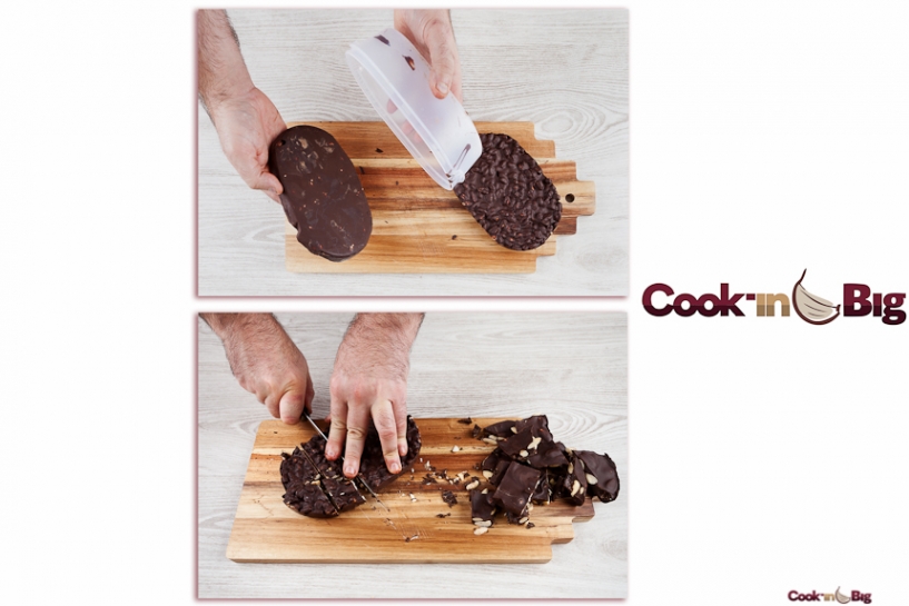 Crunchy Cocoa Bars with Almonds, Puffed Rice and Black Garlic.